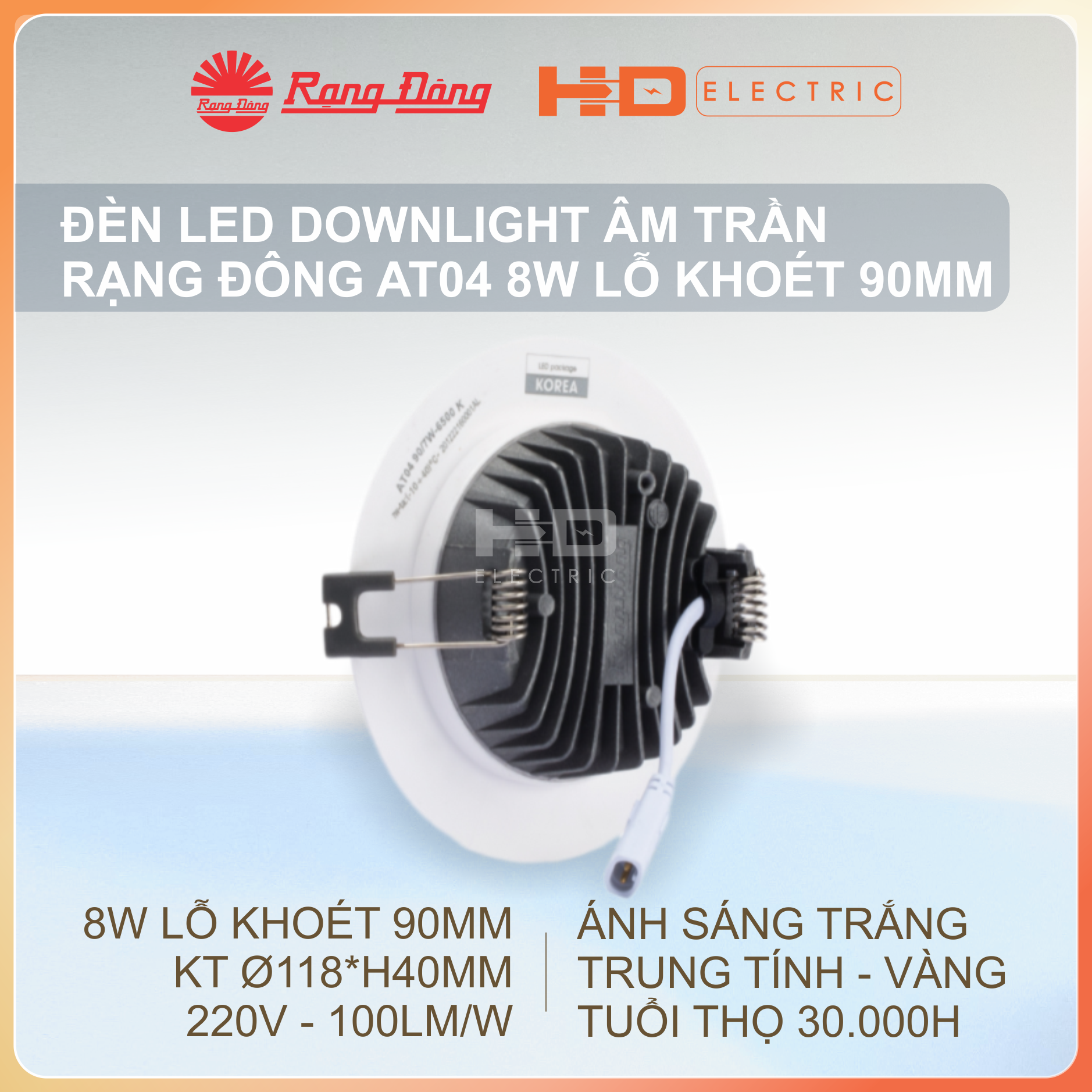 Đèn LED Âm trần Rạng Đông AT04 8W Lỗ khoét 90mm (D90) - Downlight Ánh sáng trắng (6500K)